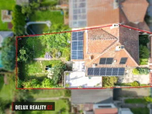 Prodej rodinného domu 4+1, Šmilovského, Brno-Slatina – Pozemek – letecký pohled s vyznačením hranice